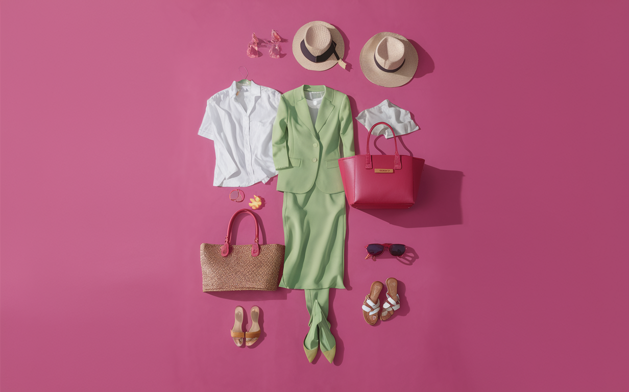 a female summer formal office outfit in Chartreuse with Bright Raspberry color