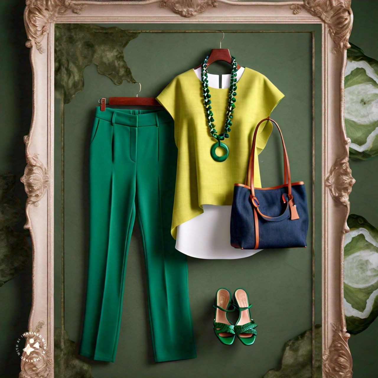 a luxury female outfit hanging on a photography hanger, Chartreuse + Hunter Green