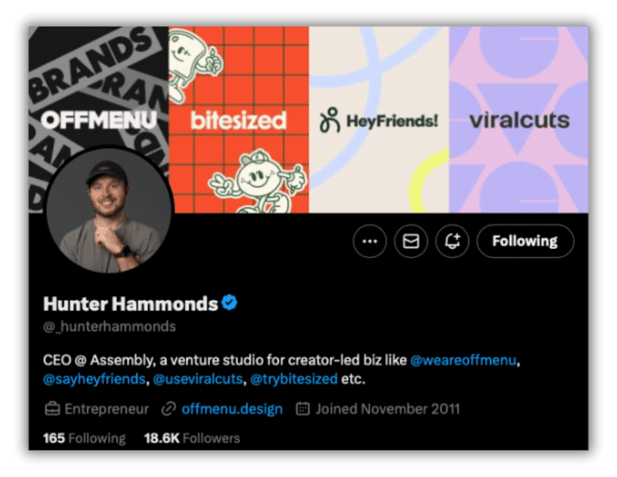 X account of Hunter Hammonds - one of the top digital entrepreneurs