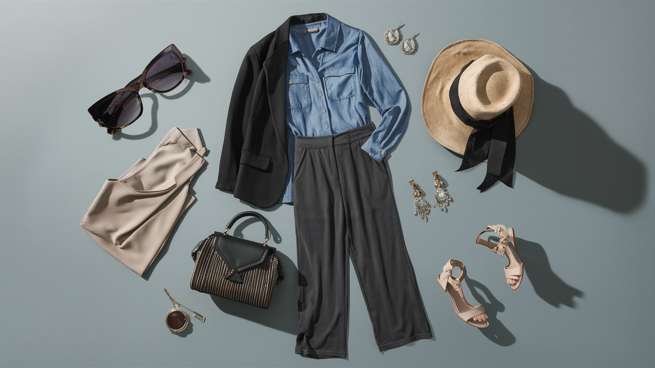 a female summer formal stylish outfit in Chambray Blue + Charcoal Gray color