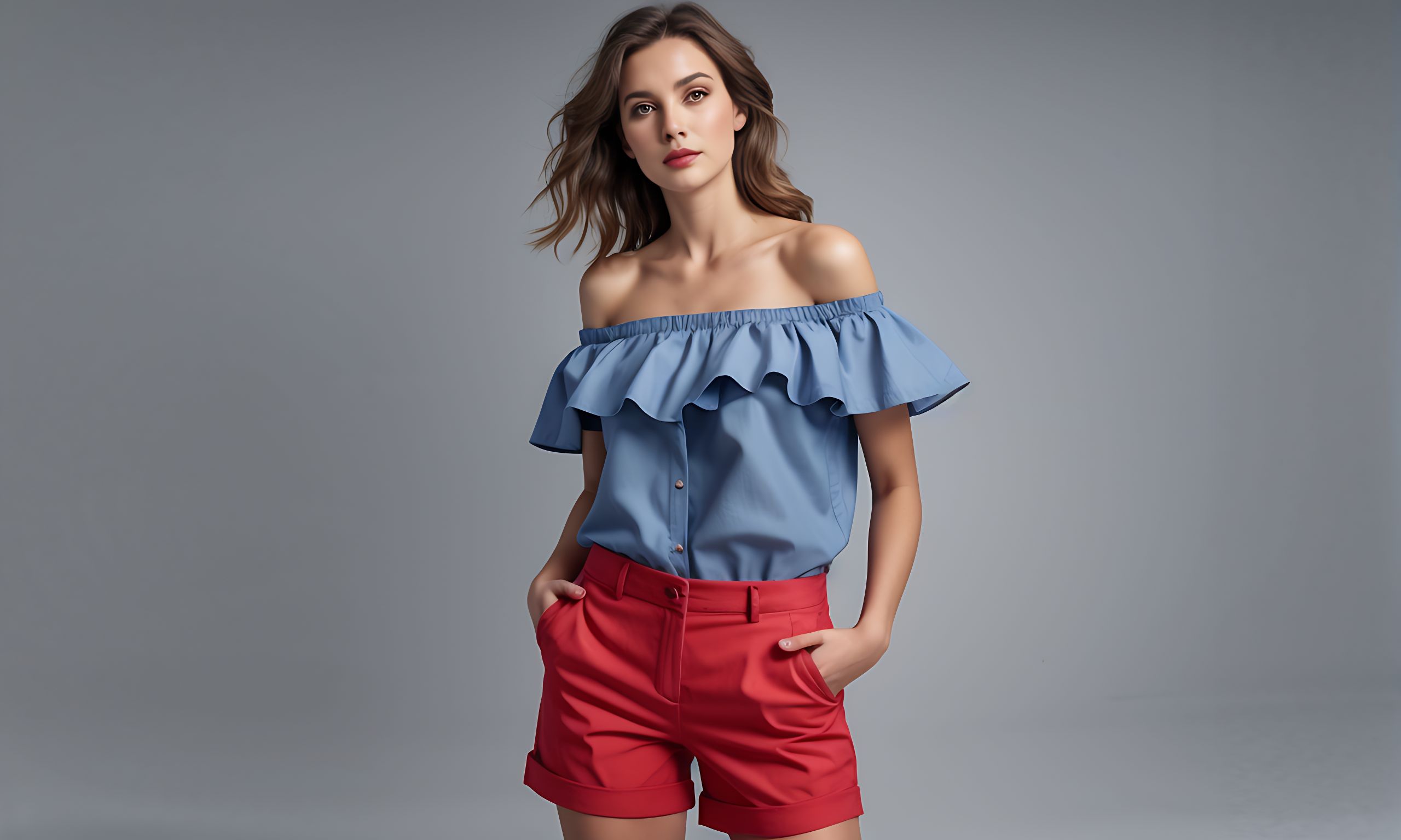 female summer office stylish outfit, Chambray Blue paired with true red, Chambray Blue ruffle off-the-shoulder top, True Red chino shorts, captured from an over-the-top camera angle for a high-quality product mockup, 