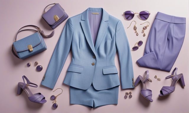a female summer formal stylish outfit in Chambray Blue + Dusty Purple color, hanging suit, bag, sandals and ear rings, over the top camera shot