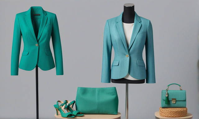 a female summer formal office outfit in Chambray Blue + Jade Green color, clothes hanging, bag sandals and ear rings, over the top camera shot, high quality product mockup