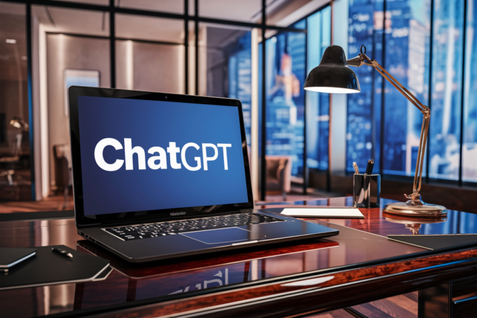ChatGPT written on a laptop placed on a table with lamp
