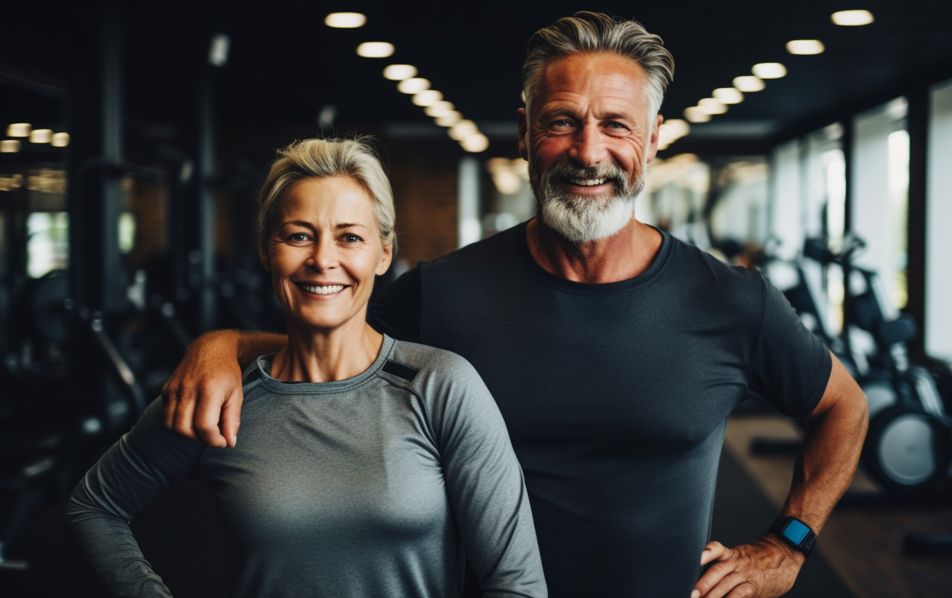 an aged couple in gym smiling