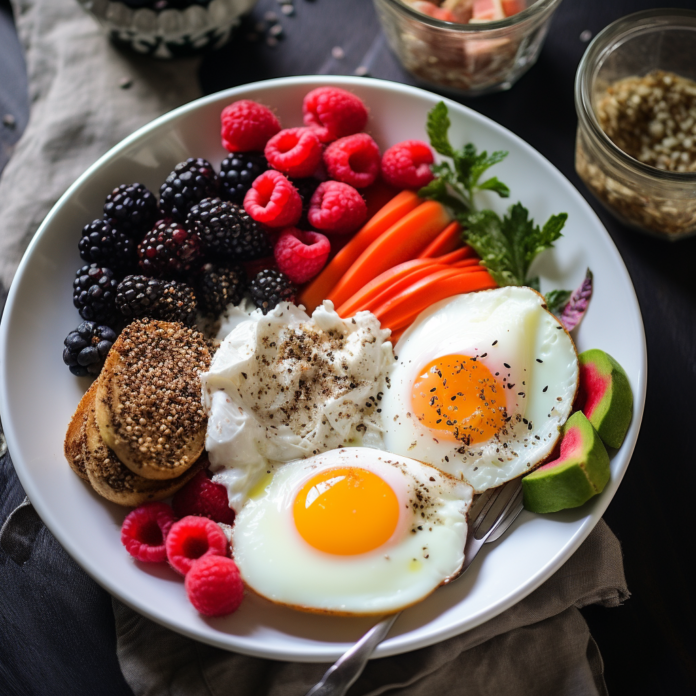 a plate with High protein breakfast food