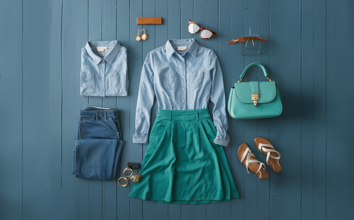 a female summer formal office outfit in Chambray Blue + Jade Green color