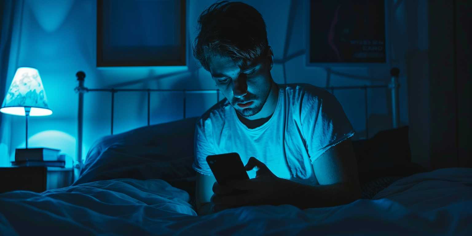 a man using phone in a dark room which is detrimental to hormonal imbalance