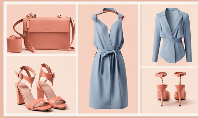 a female summer formal office outfit in Chambray Blue + Salmon color, clothes hanging, bag sandals and ear rings, over the top camera shot, high quality product mockup