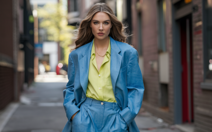 a model wearing summer stylish outfit in chambray blue color