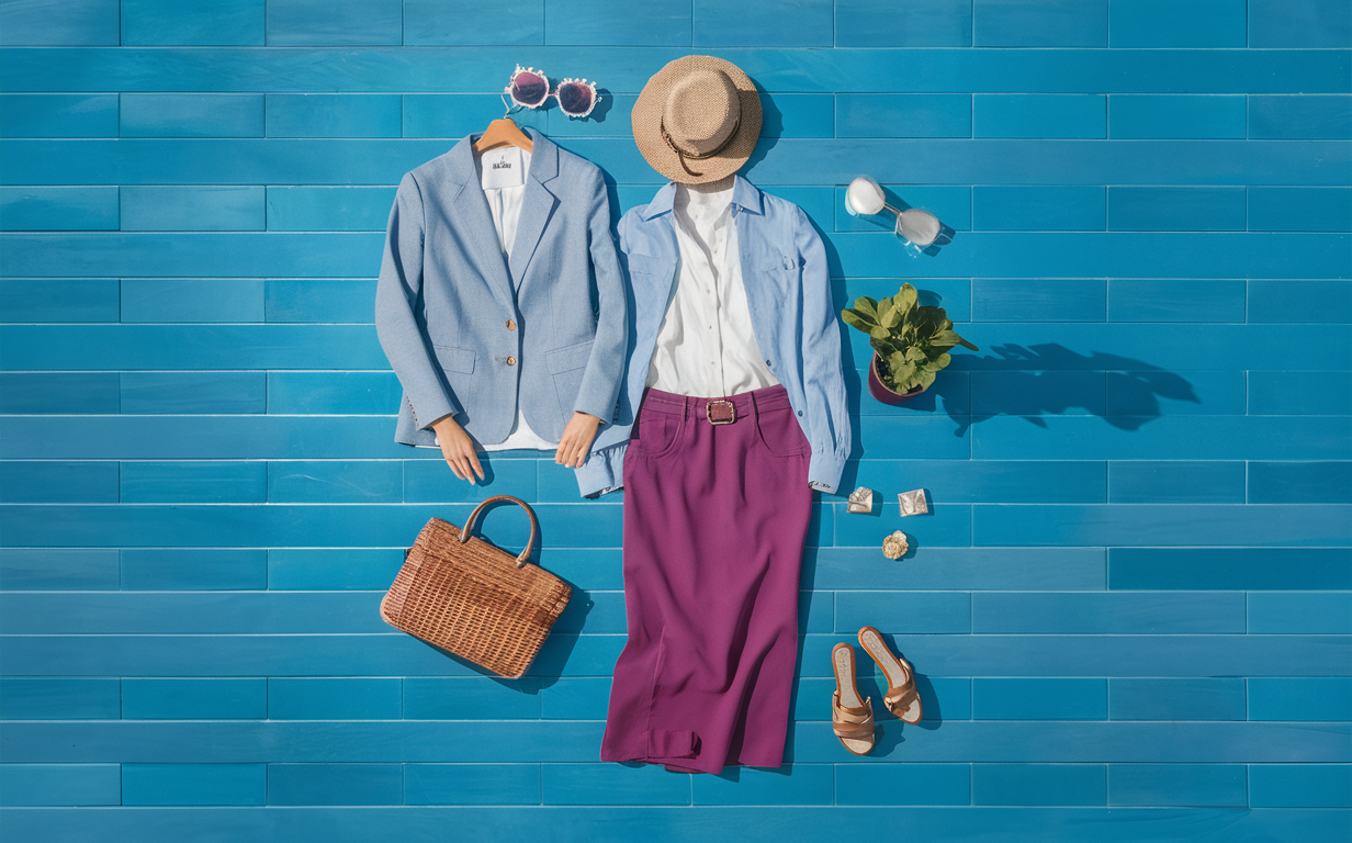 summer formal office outfit in Chambray Blue + Chambray Blue + Orchid color, clothes hanging, bag sandals and ear rings, over the top camera shot, high quality product mockup