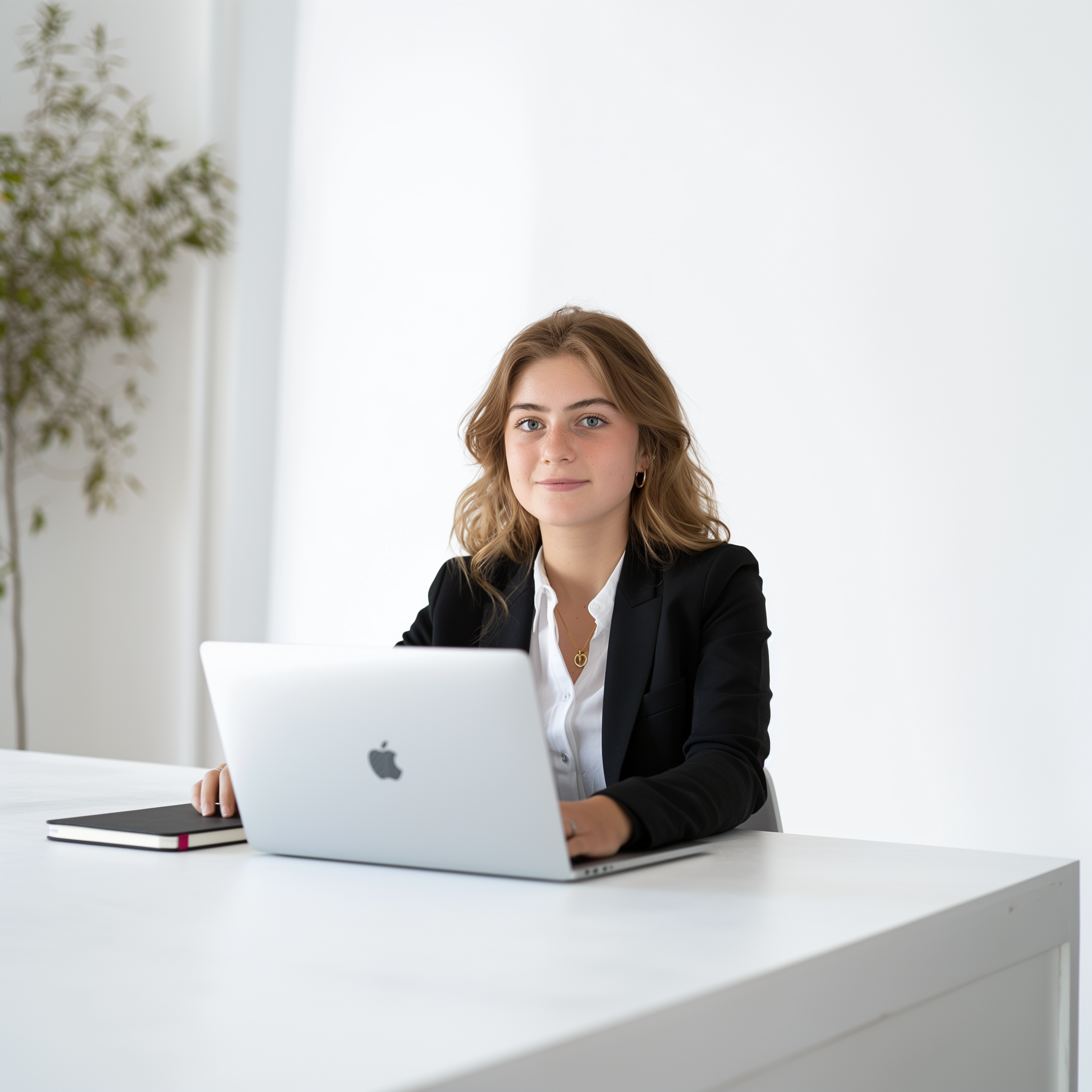 a corporate woman with macbook on a laptop
