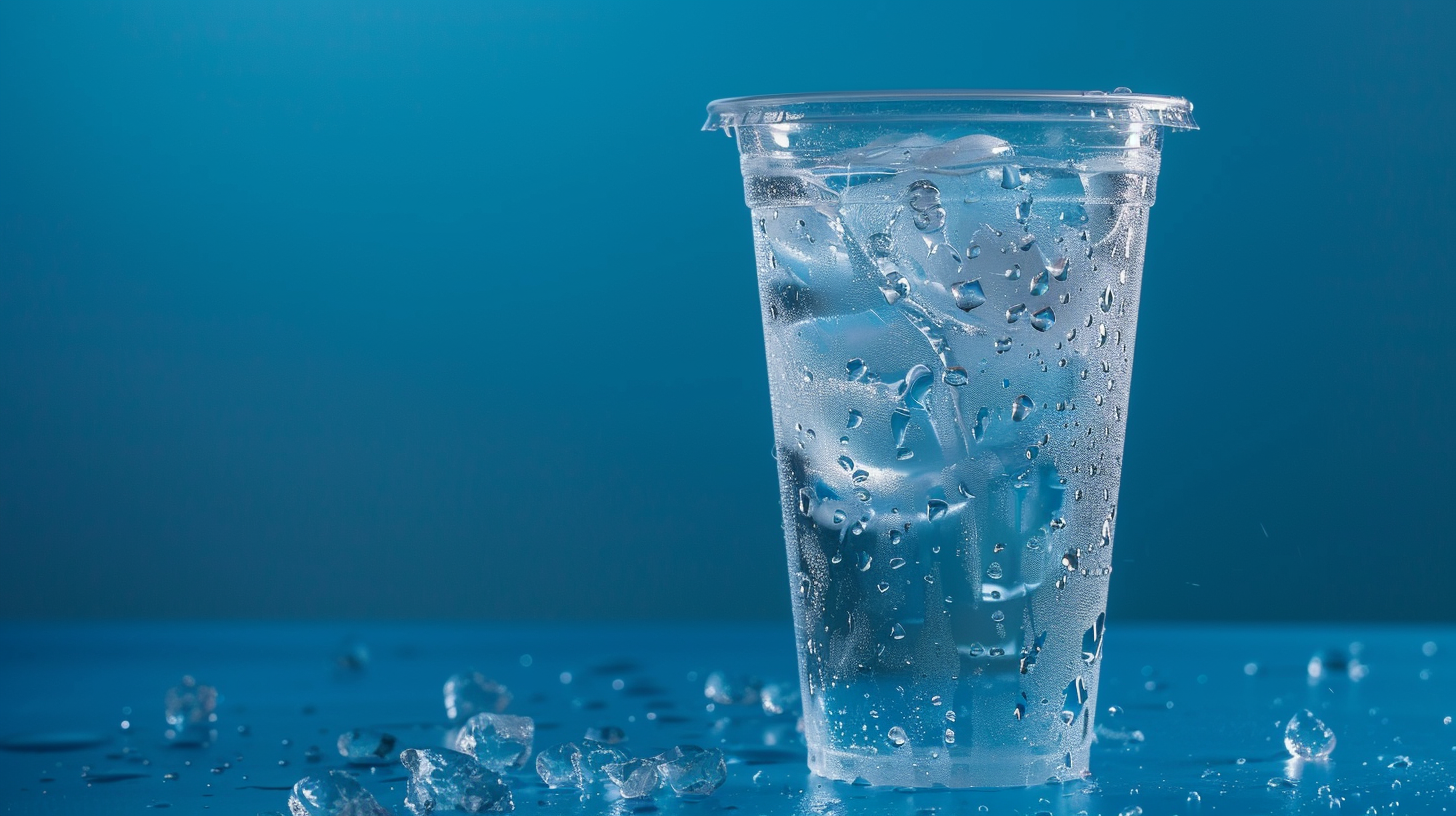 a glass of water with blue background
