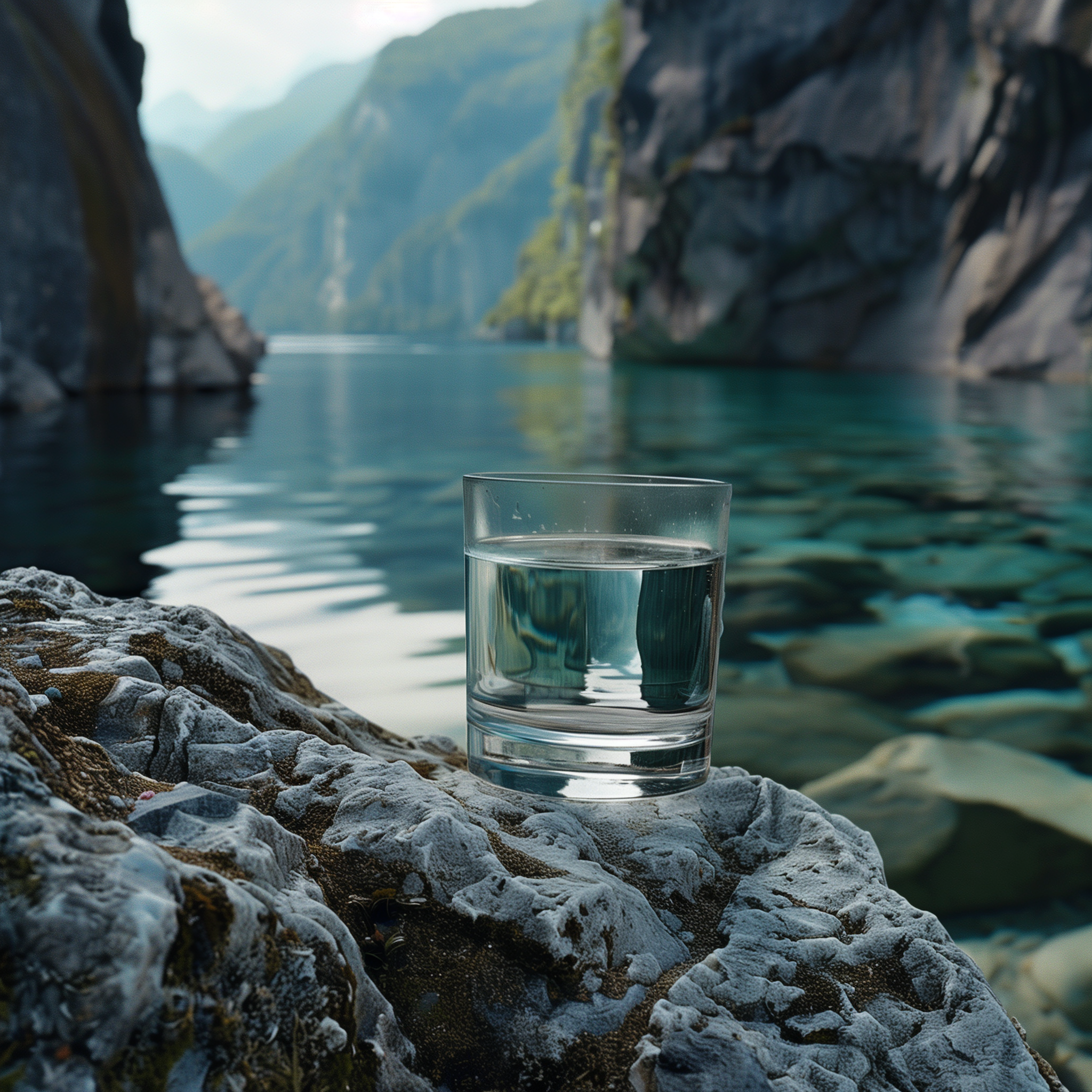 a glass of water with a scenic background