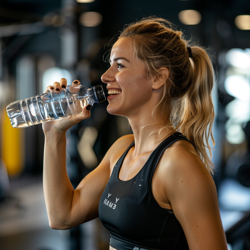 a smiling woman in gym drinking water